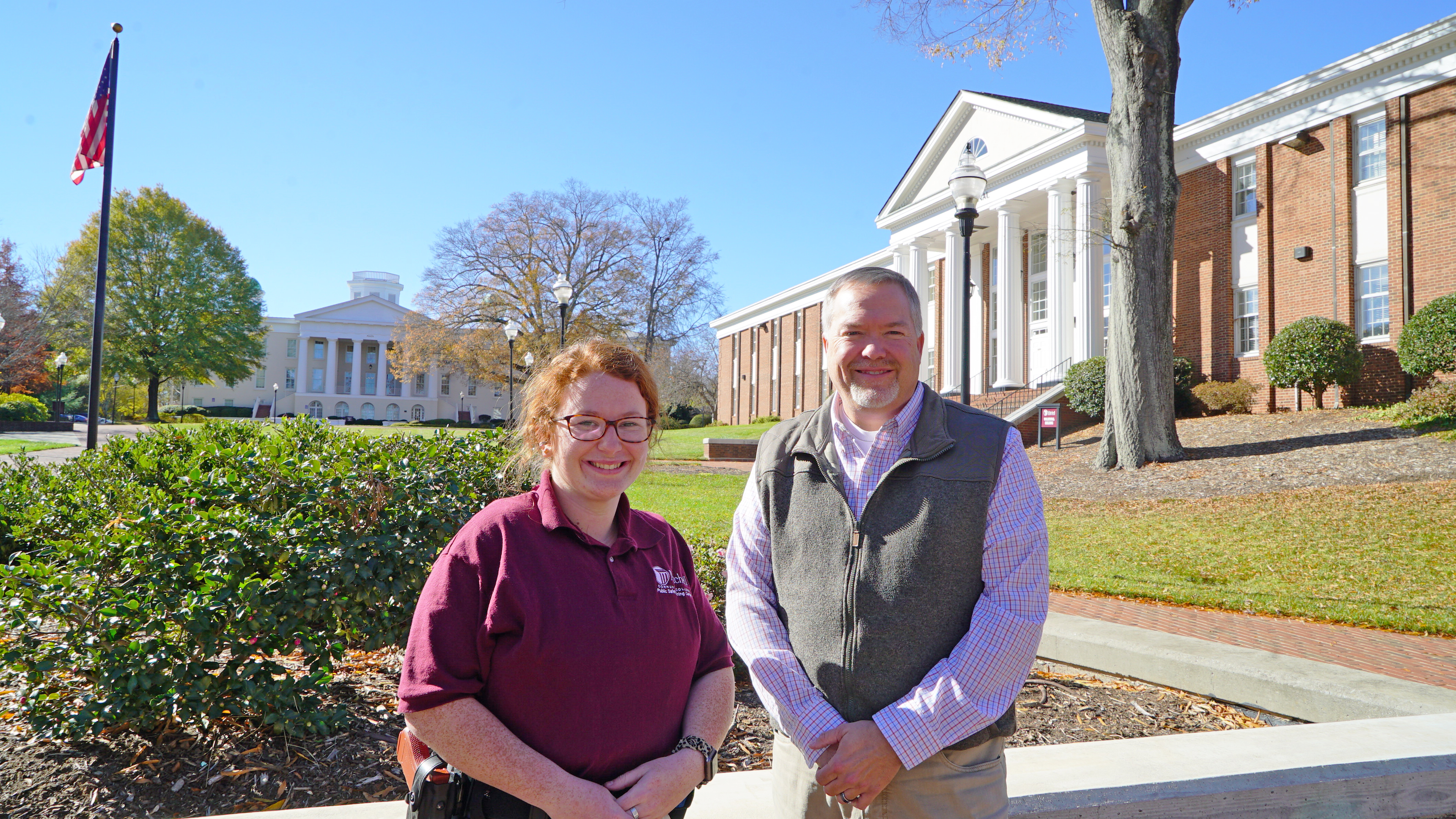 BLET student and scholarship recipient Whiteny Craven and Sheriff Daren Campbell on Mitchell's historic Statesville Campus.