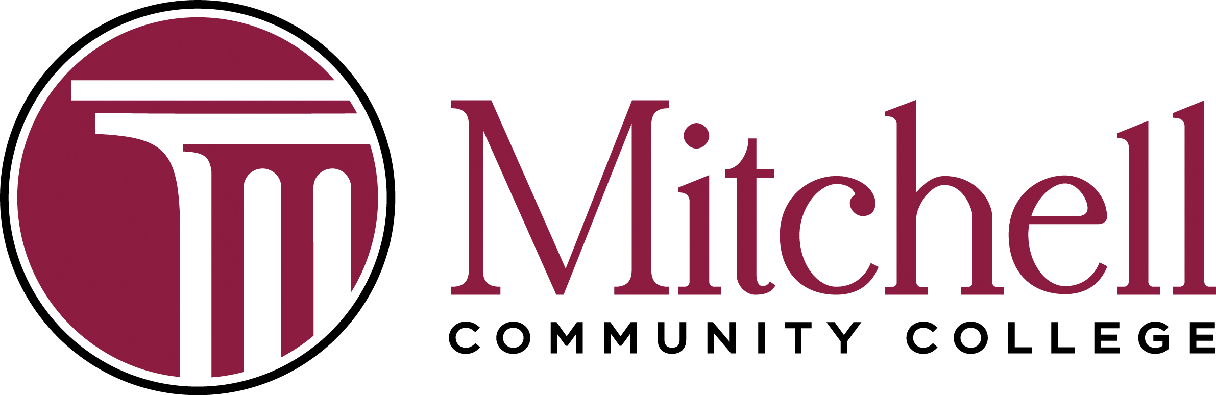 Horizontales burgunderrotes Logo des Mitchell Community College.